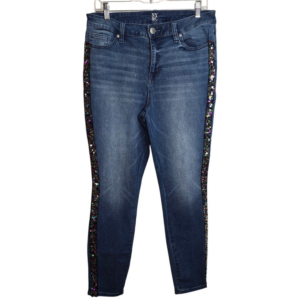 NY‎ & Co Jeans With Multi Color Sequins Down Pant Leg Mid Rise Size 10 Relaxed